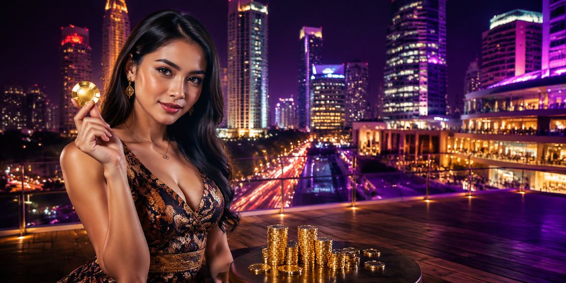 Suasana kasino modern dengan lampu neon berwarna-warni yang menciptakan atmosfer hiburan malam yang meriah